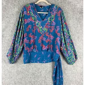 VTG Diane Freis Georgette Top Women Medium Floral Bow Tassel Embroidered Pleated